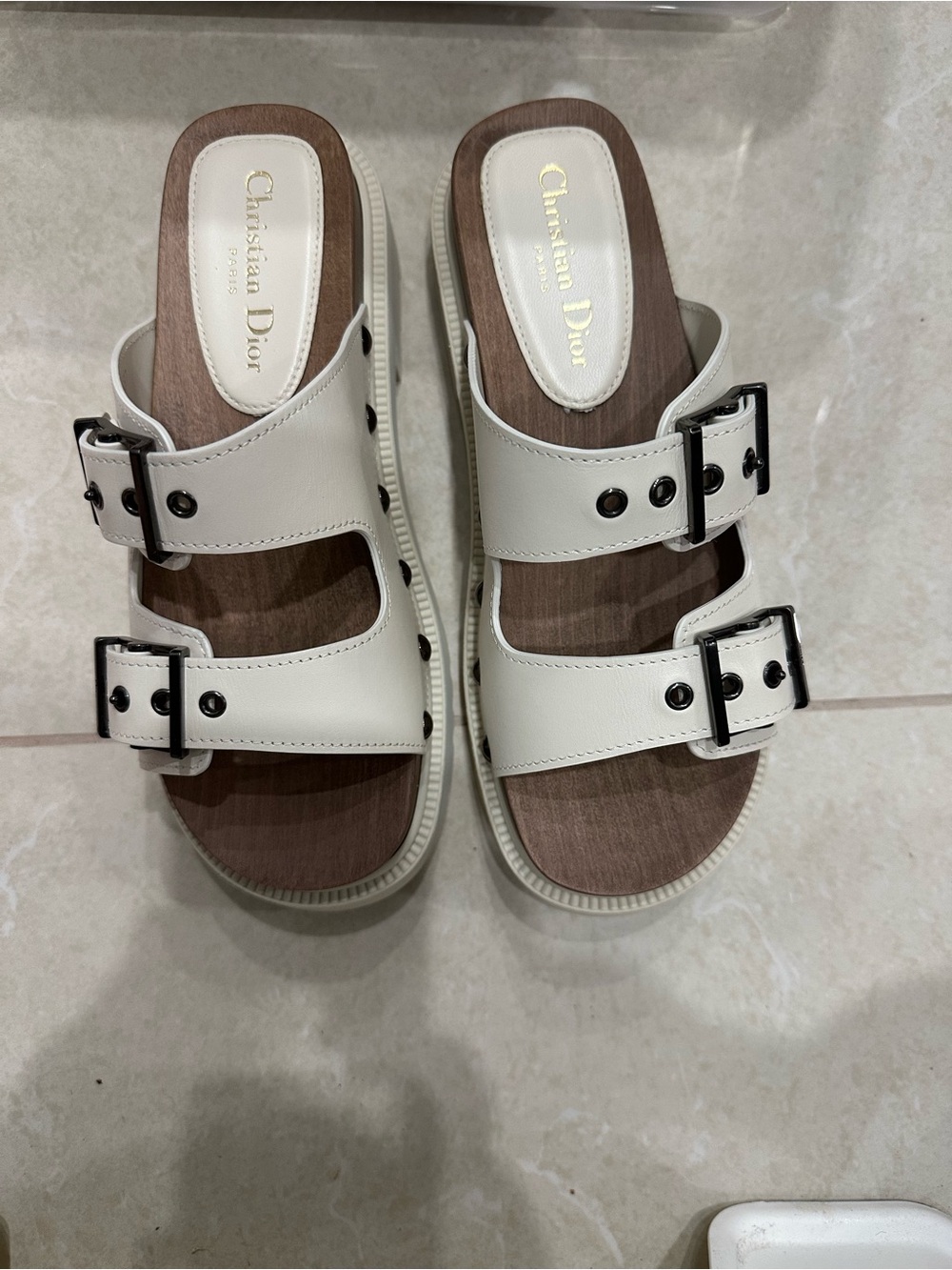 Dior White Double-Buckle Leather Slide Mules